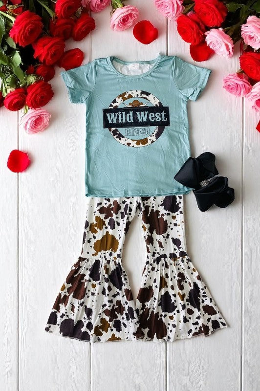 Western WILD WEST RODEO blut top cow prints bell bottom 2pc girls sets 1123WY