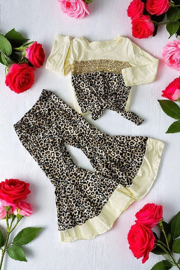 Shop Cream & Sequin & Leopard prints 2pc girls clothing sets DLH2702