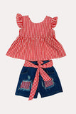 Chic Red & white checkered top denim shorts girls boutique set 230116M (A3S1)