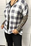 BQ11648 Checked V-neckline leopard printed tighten long sleeve women tops (AS9)