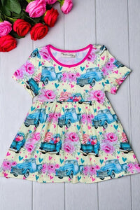 Spring cars & flower prints girl swirl dress w/short sleeve XCH0888-5H (A2S4)