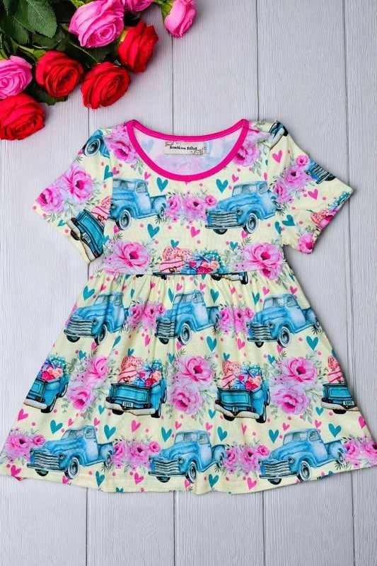 Spring cars & flower prints girl swirl dress w/short sleeve XCH0888-5H (A2S3)