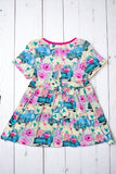 Spring cars & flower prints girl swirl dress w/short sleeve XCH0888-5H (A2S4)