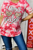 DLH12875 Hugs & Kissed Leopard hearts printed fuchsia tie-dye women top w/ short sleeve