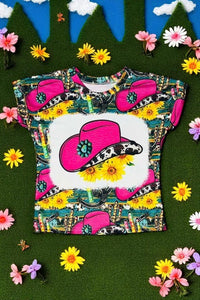 Western girls t-shirt vendors Pink cowboy hat, cactus, & sunflowers short sleeve top DLH0913-17