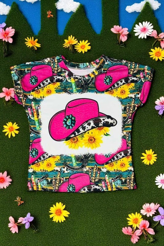 Western girls t-shirt vendors Pink cowboy hat, cactus, & sunflowers short sleeve top DLH0913-17