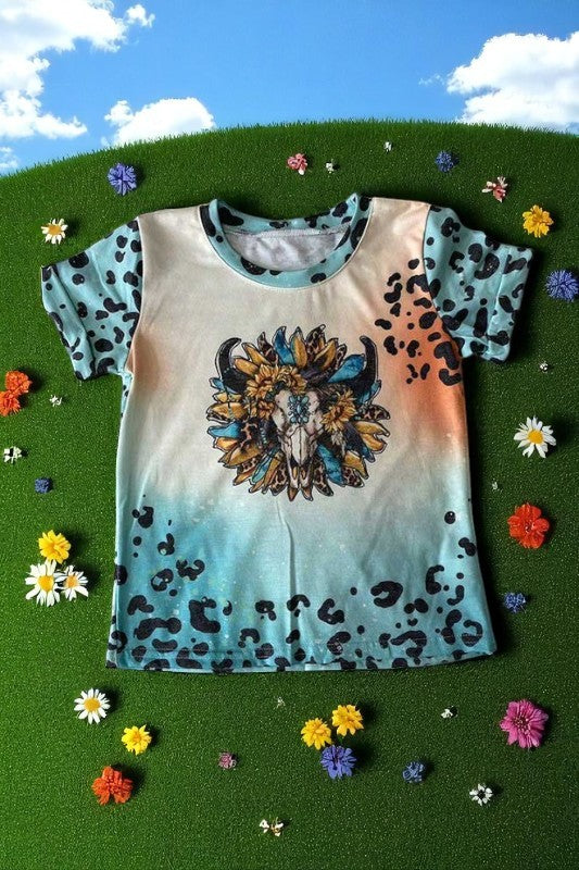 Girls top wholesale Bull skull & sunflower printed girl short sleeve top DLH1017-10