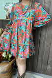 XCH15484 Multi color floral printed long sleeve w/elastic cuff loose women dress