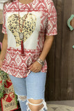 DLH12146  Leopard hearts&rust red Aztec printed short sleeve women tops