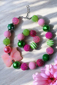 Pink & Green bubble girls pendant necklace & bracelet sets 240305