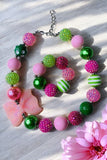 Pink & Green bubble girls pendant necklace & bracelet sets 240305