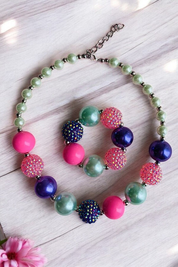Girls necklace wholesle blue & Pink bubble girls necklace & bracelet sets 240307