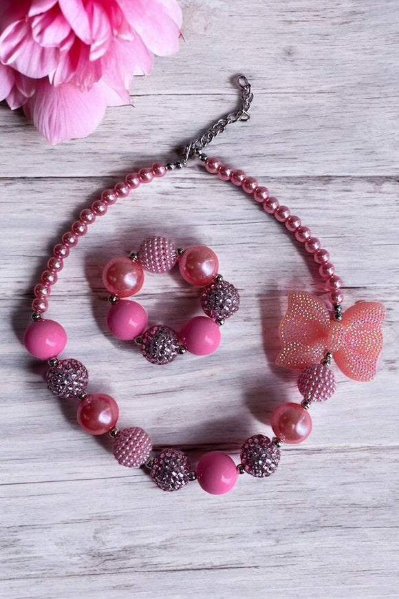 Wholesale necklace sets for boutique pink girls necklace & bracelet sets w/bow 240309