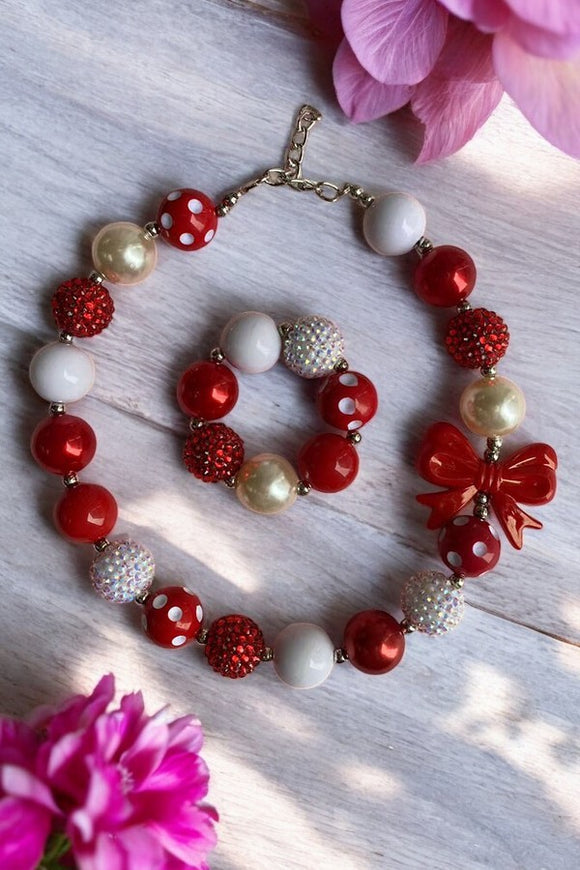 Kids accessories suppliers Red & White bubble bow girls necklace & bracelet sets 240312