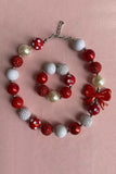 Kids accessories suppliers Red & White bubble bow girls necklace & bracelet sets 240312