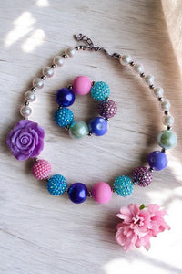 Kids boutique jewel vendors Pink & Blue & Purple bubble girls necklace & bracelet sets 240315