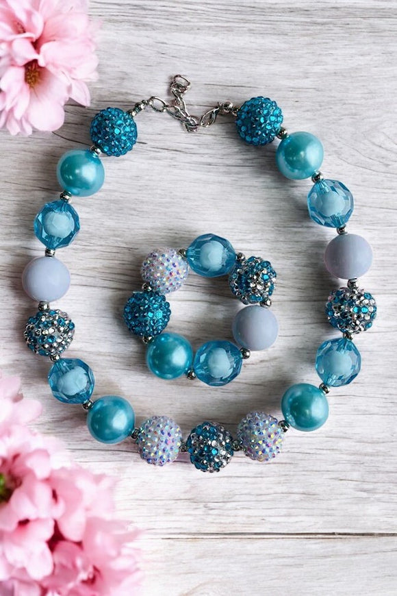 Kids necklace wholesale blue & White bubble girls necklace & bracelet sets 240319