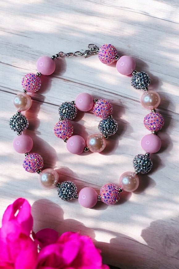 Wholesale kids jewel Pink bubble girls necklace & bracelet sets 240321