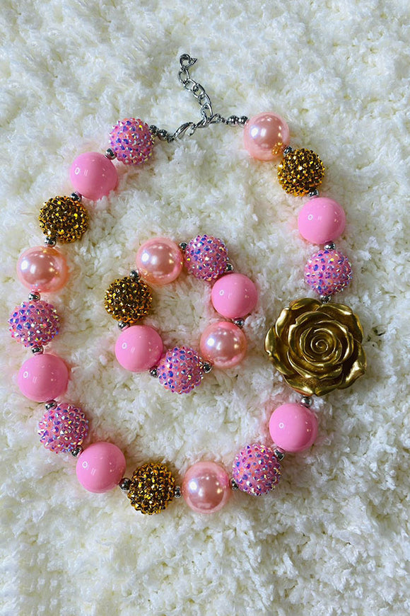 240322 Pink & Golden bubble girls pendant necklace & bracelet sets