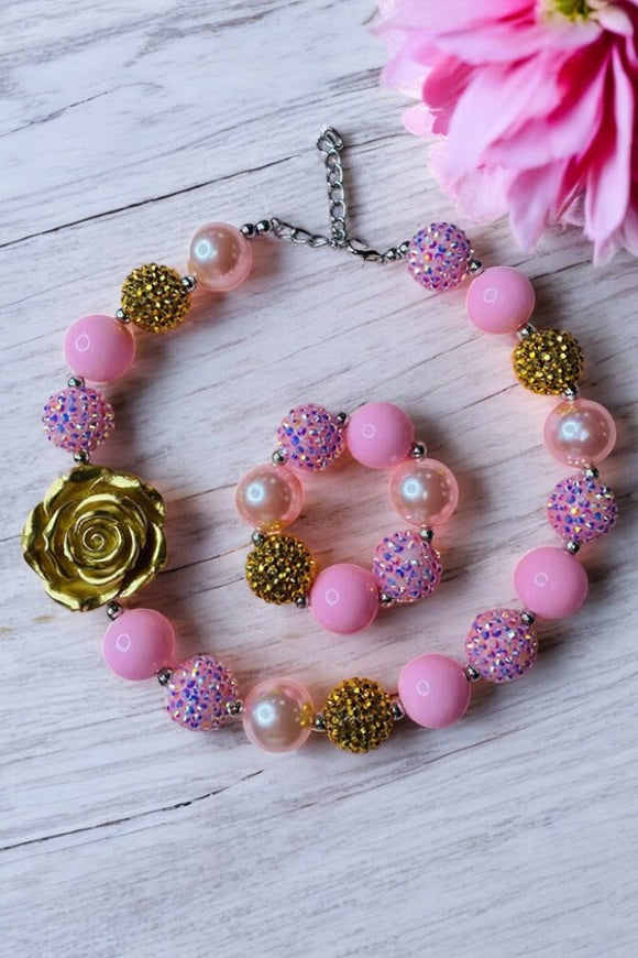 Wholesale girls jewel Pink & Golden bubble girls pendant necklace & bracelet sets 240322