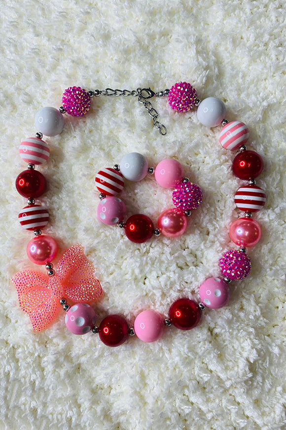 240328 Pink & White bow bubble girls necklace & bracelet sets