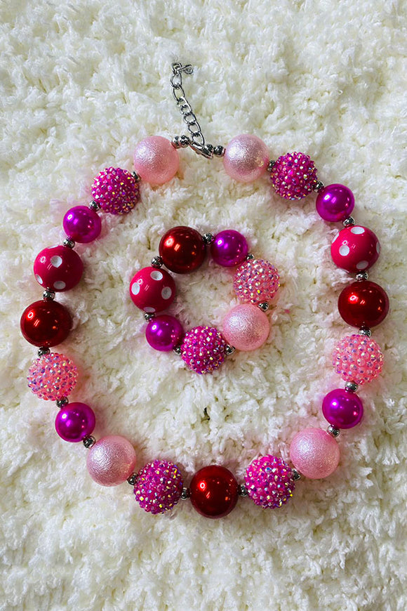 240341 Pink & Hot pink & Red bubble girls necklace & bracelet sets