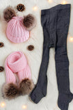 Dark grey knit tight girls legging socks & pink hat & scarf 3pcs sets 240619M