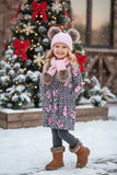 Dark grey knit tight girls legging socks & pink hat & scarf 3pcs sets 240619M