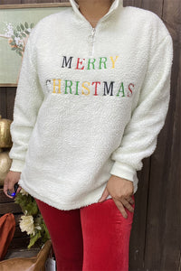 BQ15440 "MERRY CHRISTMAS"words embroidery white polyester fur w/zipper long sleeve women top/sweatshirt