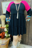 Western patchwork raglan sleeve black women's boutique dress BQ13811