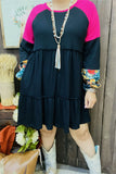 Western patchwork raglan sleeve black women's boutique dress BQ13811