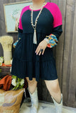 Western patchwork raglan sleeve black women's boutique dress BQ13811