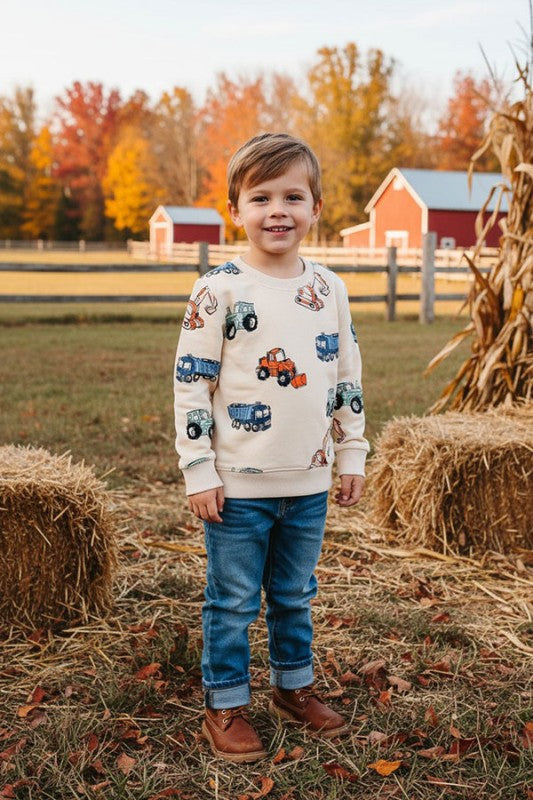 Restock--Excavator prints long sleeve cream boys sweatshirt 250930M A15S1