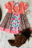 XCH0555-16H Striped & Leopard & Floral print short sleeve girls dress (A1S3)