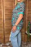 Western turquoise jewels & checkered women boutique top Southern Stitch XCH17166