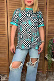 Western turquoise jewels & checkered women boutique top Southern Stitch XCH17166