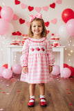 Red & Pink hearts embroidery pink checkered long sleeve girls dress 251253M