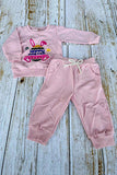 HAPPY EASTER & bunny embroidery pink long sleeve top & pant 2pc girls set 251256M A13S4