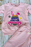 HAPPY EASTER & bunny embroidery pink long sleeve top & pant 2pc girls set 251256M A13S4
