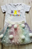 Easter LITTLE BUNNY embroidery white top & pompoms skirt 2pc girls set 251261M A12S3