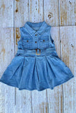 Solid color denim sleeveless pleated girls dress w/belt 251262M A12S2