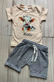 Cow & MOO printed short sleeve top & grey shorts 2pc boy set 251273M A15S1