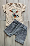 Cow & MOO printed short sleeve top & grey shorts 2pc boy set 251273M A15S1