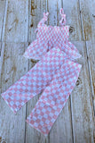 Pink checkered gauze shirred top & wide leg pant 2pc girls set 251276M