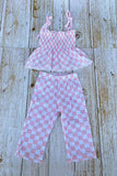 Pink checkered gauze shirred top & wide leg pant 2pc girls set 251276M