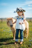 Floral printed white top & lace trim denim pant 2pc girls set 251291M