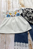 Floral printed white top & lace trim denim pant 2pc girls set 251291M