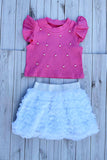 Knitted pink ruffle short sleeves pearls top & tutu skirt 2pc girls set 251292M A3S1