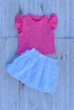 Knitted pink ruffle short sleeves pearls top & tutu skirt 2pc girls set 251292M A3S1