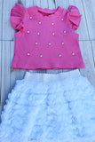 Knitted pink ruffle short sleeves pearls top & tutu skirt 2pc girls set 251292M A3S1